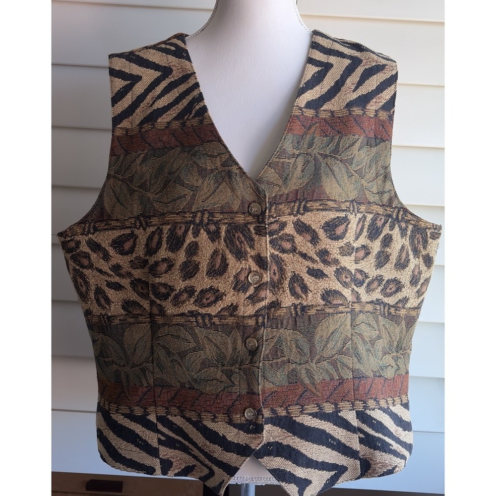 Vtg Orvis USA Tapestry Vest XL Safari Jungle Animal Print Button Front Boho
